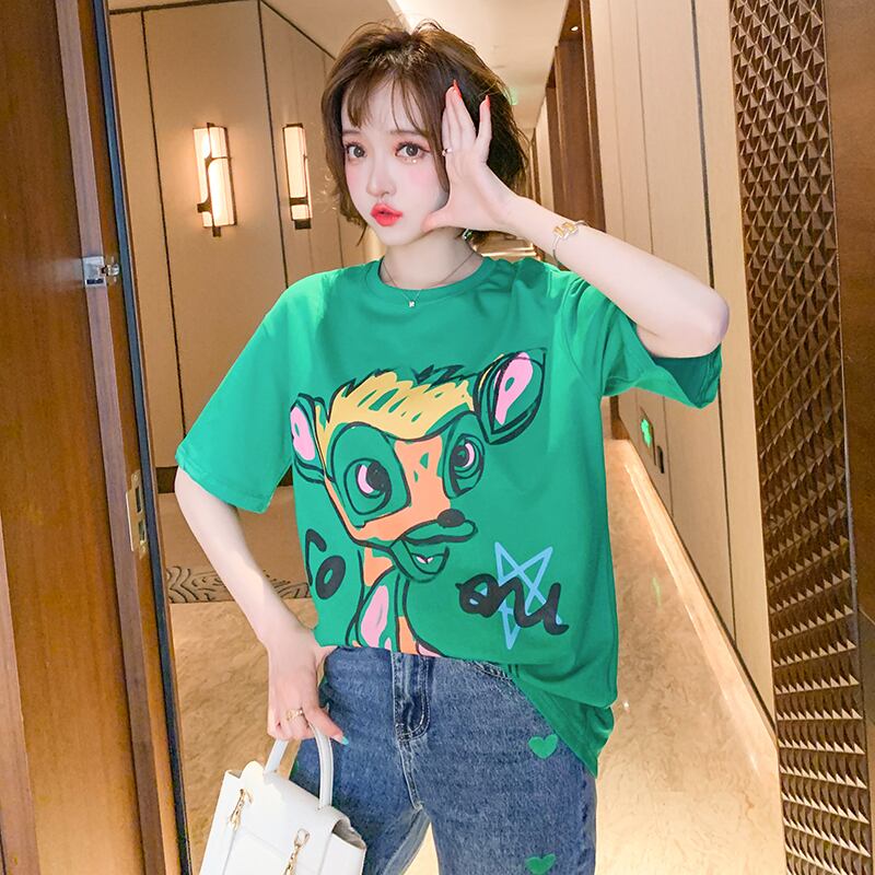 プリントラウンドネックルーズカジュアルTシャツ スプリング コットン 春物 Oネック MIUCO70567291181