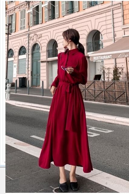 長袖 シャツワンピース ボルドー 中古 シャツワンピース ロング丈 長袖 ワンピース ロング丈 シャツワンピ