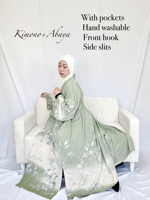 (Kimono×Abaya size S)Matcha green tea color and flowers pattern Kimono