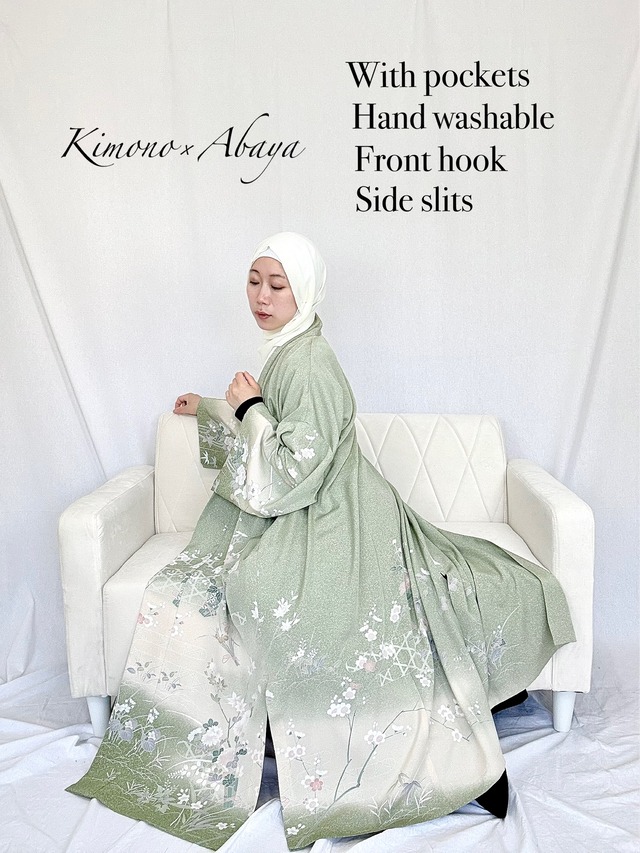 (Kimono×Abaya size S)Matcha green tea color and flowers pattern Kimono