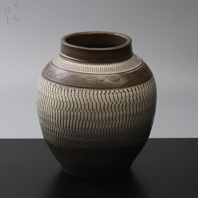 小鹿田焼 小袋窯 3升丸花瓶 飛びかんな/櫛描き 高さ約23cm 花器 茶道具 民藝