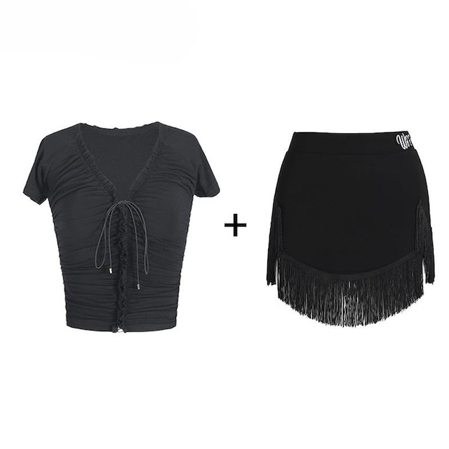 シェイプド クロップド丈 トップス &フリンジスカートSET 3col D00202