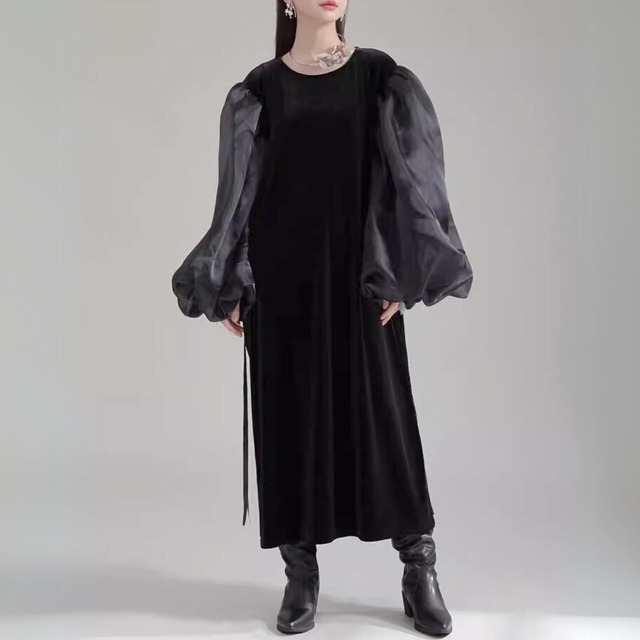 Organ balloon sleeve long maxi dress C0936