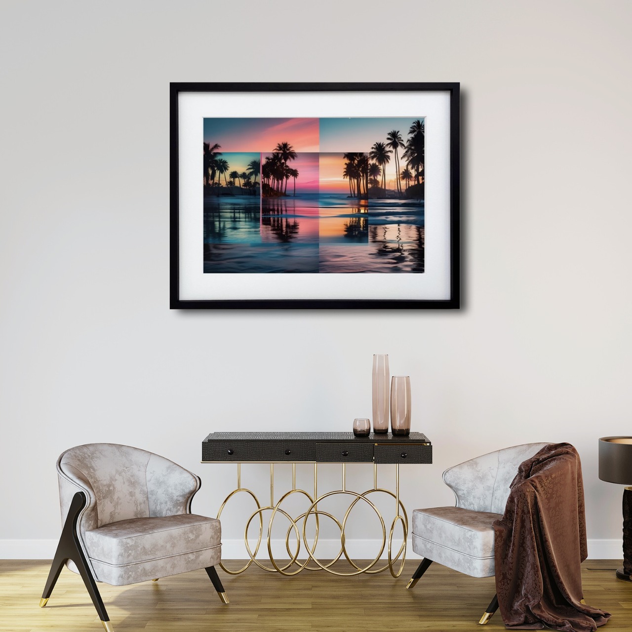 Tropical Reflection｜4つの時間が溶け合う南国アートポスター｜海と夕陽が奏でる癒しのインテリアに最適A2ポスター