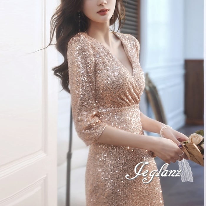 華やか パーティ イブニングドレス スパンコール 光沢感 7分袖 3色(M8826)ζ