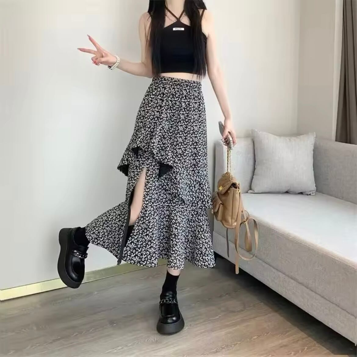 フリルフラワースリットスカート