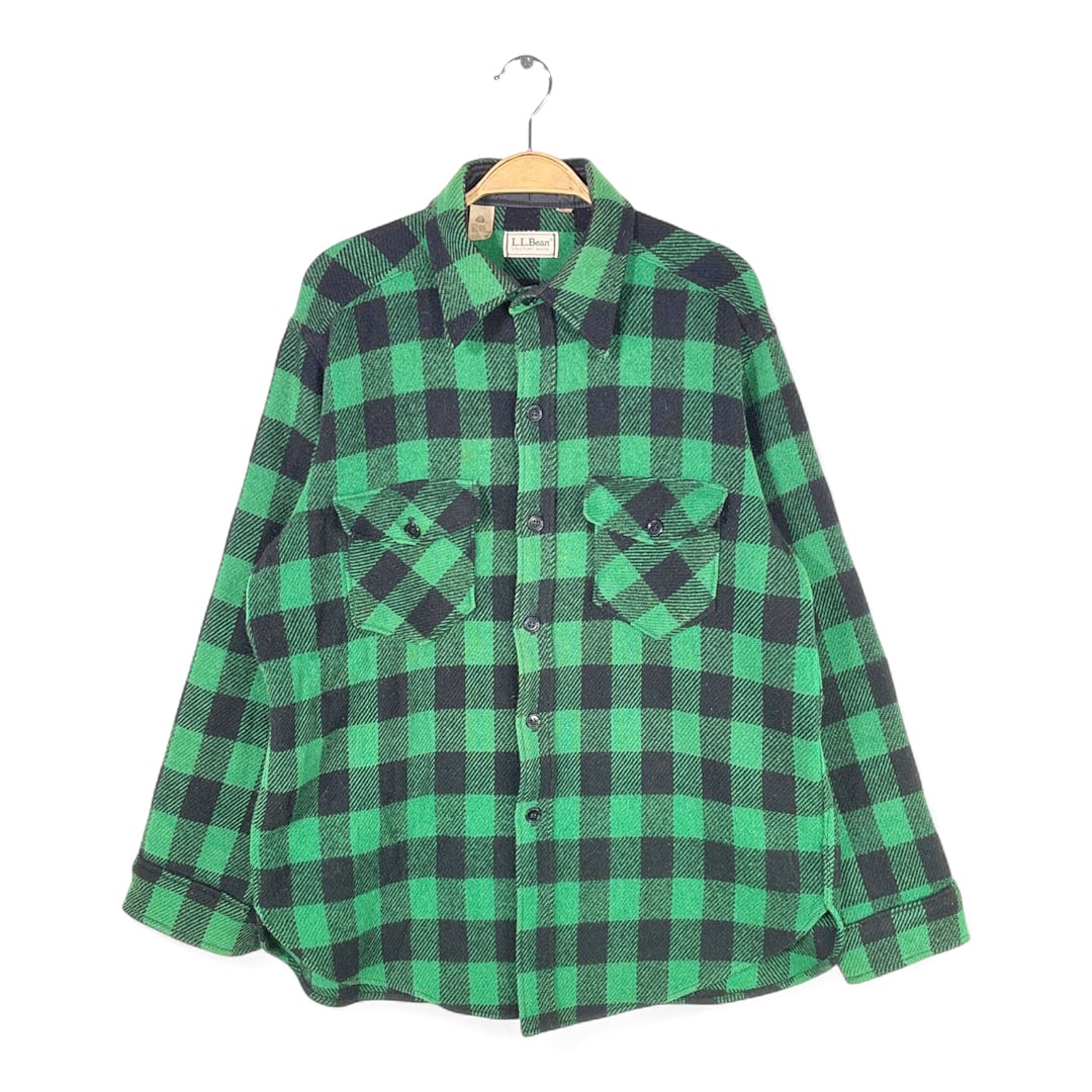 80s エルエルビーン USA製 ヴィンテージウールシャツ ブロックチェック 黒緑 L.L.BEAN サイズL 古着 @CA1494