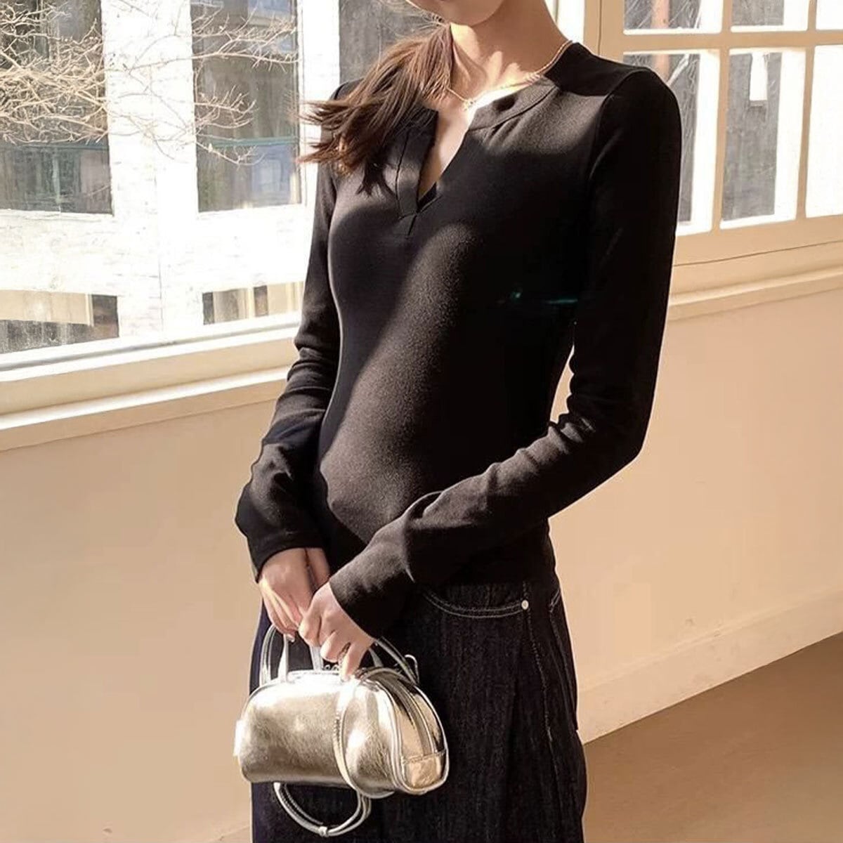 Vネック 長袖 Tシャツ レディース 春秋冬 韓国 無地 きれいめ シンプル 大人 カジュアル トップス インナー 細身 伸縮性 プルオーバー 大人可愛い 大人女子