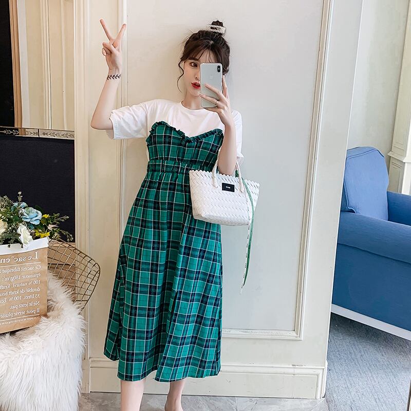 【新作】【送料無料】 2019到着夏のマタニティドレス女性かわいい格子縞の大きなサイズのドレス妊娠中の女性マタニティMD-01090 大きめサイズ 大人ガーリー スウィート キュート カジュアル サマー 夏物 AL expec339294997761