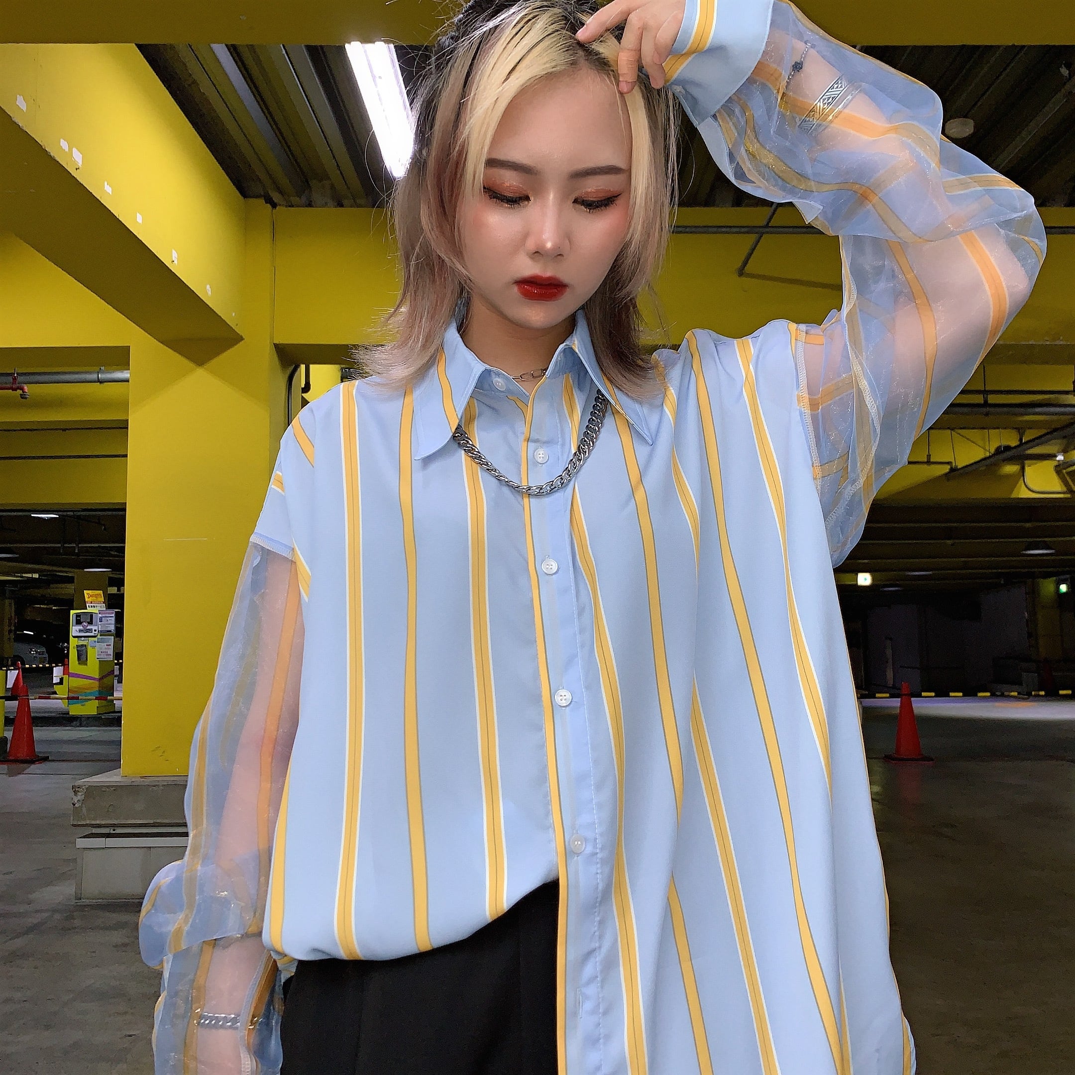 即納】韓国ファッション スリーブシースルーストライプシャツ | 韓国