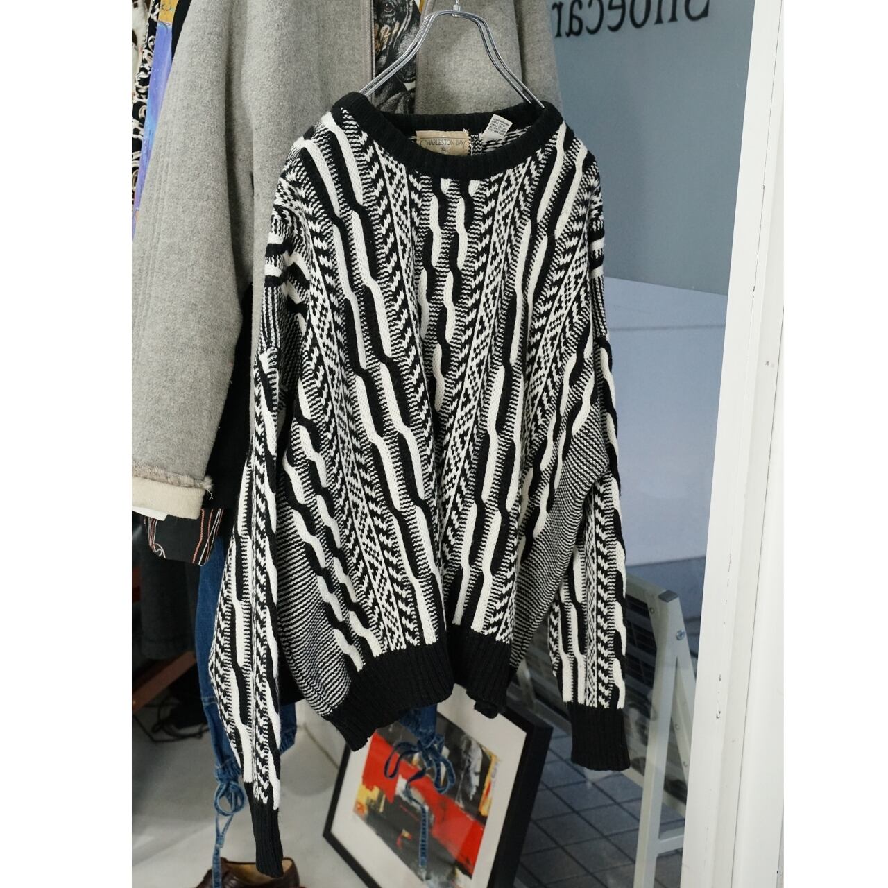 CHARLESTON BAY ブラック×ホワイト 立体編み セーター(表記XL・実寸XL相当)|NA419