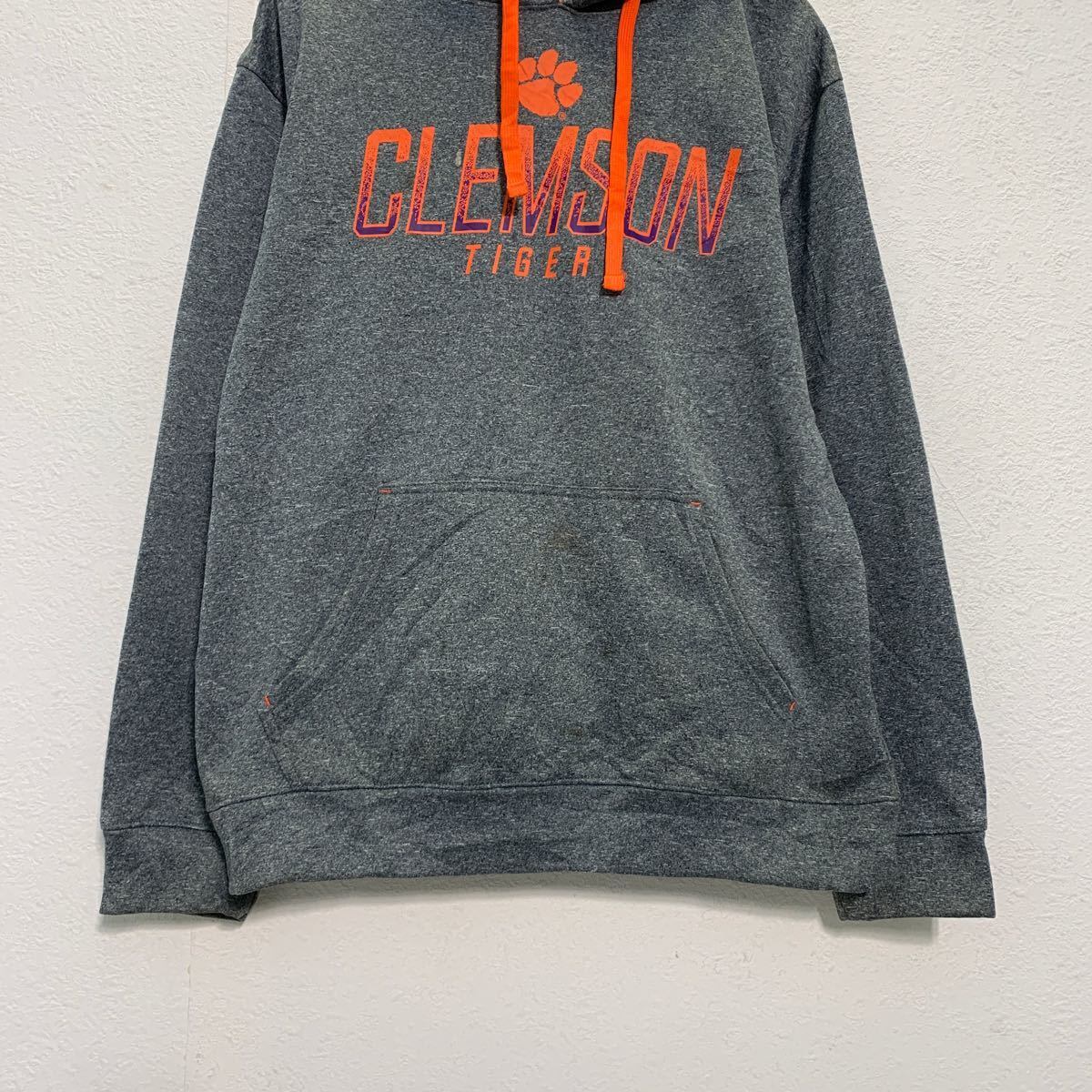 champion プリント スウェット パーカー M グレー オレンジ 【ハフ 