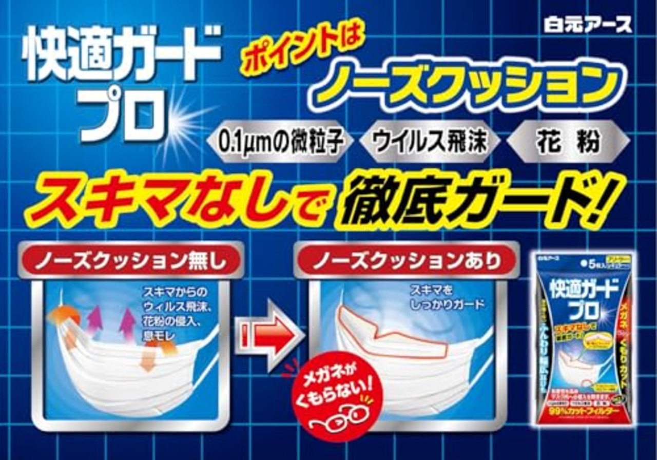白元アース 快適ガードプロ マスクふつうサイズ 35枚入 ノーズクッション付きでスキマ徹底ガード JIS規格適合 プリーツタイプ 耳が痛くならない 不織布 花粉