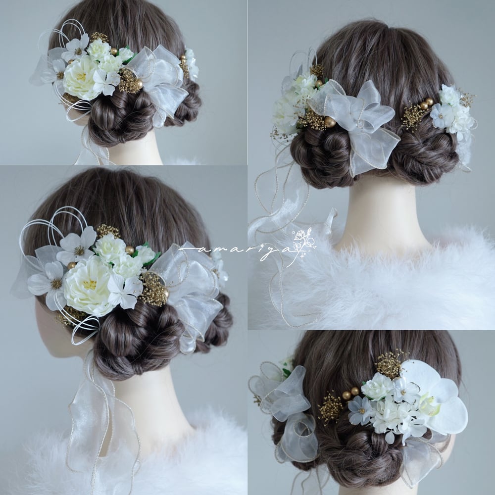 髪飾り 胡蝶蘭とローズホワイトアイボリー