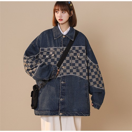 長袖デニムジャケット 春服 チェック柄 ビッグシルエット 大きいサイズ 体型カバー レディースアウター Gジャン ストリート ドロップショルダー アウター レディースジャケット メンズライクコーデ