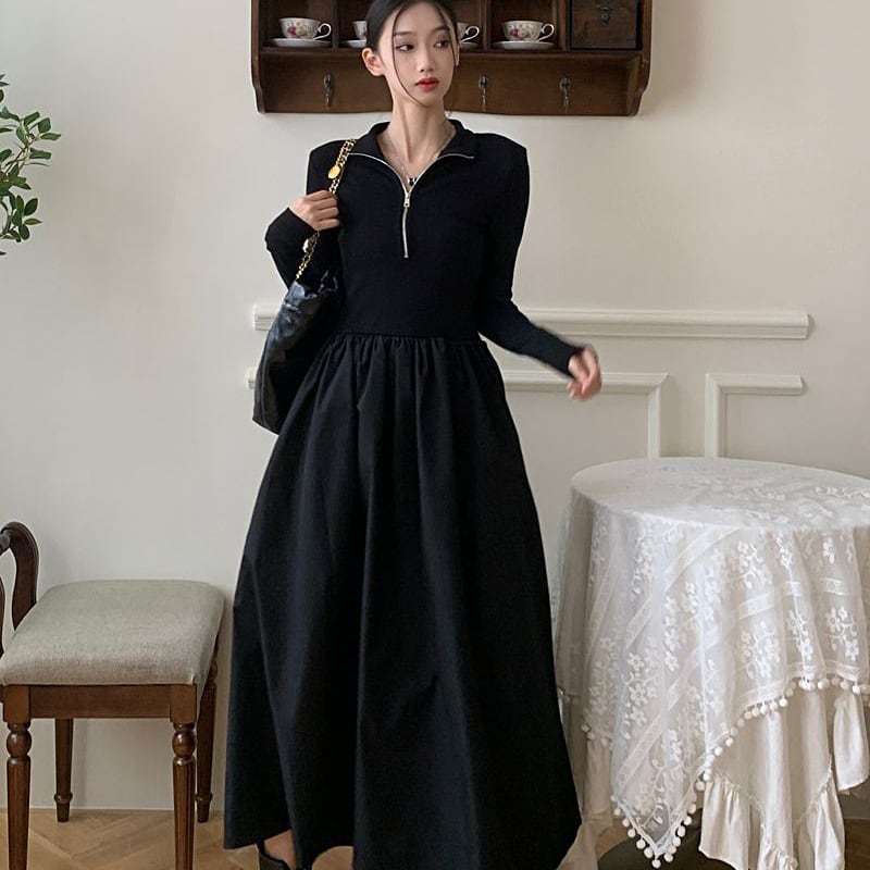 【新作】【送料無料】 ユニークで見事なデザインのリトル ブラック スカートは、汎用性の高いハイウエストの痩身ハーフジップ スリムフィットの秋冬ドレスです。 0219494275510