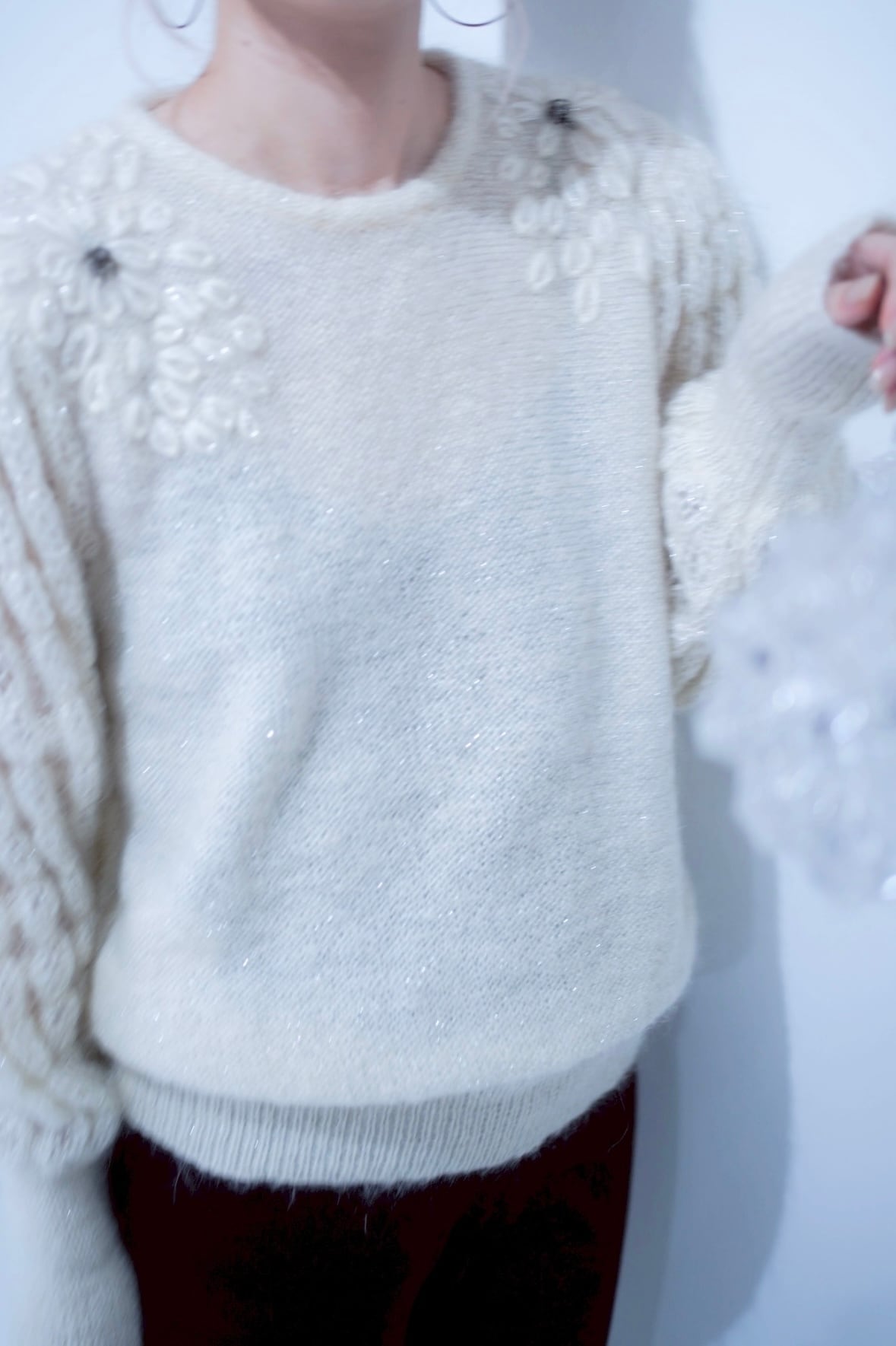 white mohair flower bees knit