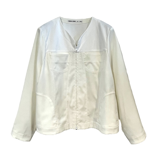 シャンブレーツイル×綿トリコット ノーカラージャケット【250-4110】