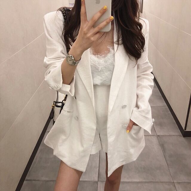 【予約販売】セットアップ レディース ショートパンツ 長袖 ジャケット ホワイト ツーピース ハイウエスト 細見え 大人可愛い エレガント おしゃれ こなれ感 韓国 S/M/L/XL/2XL