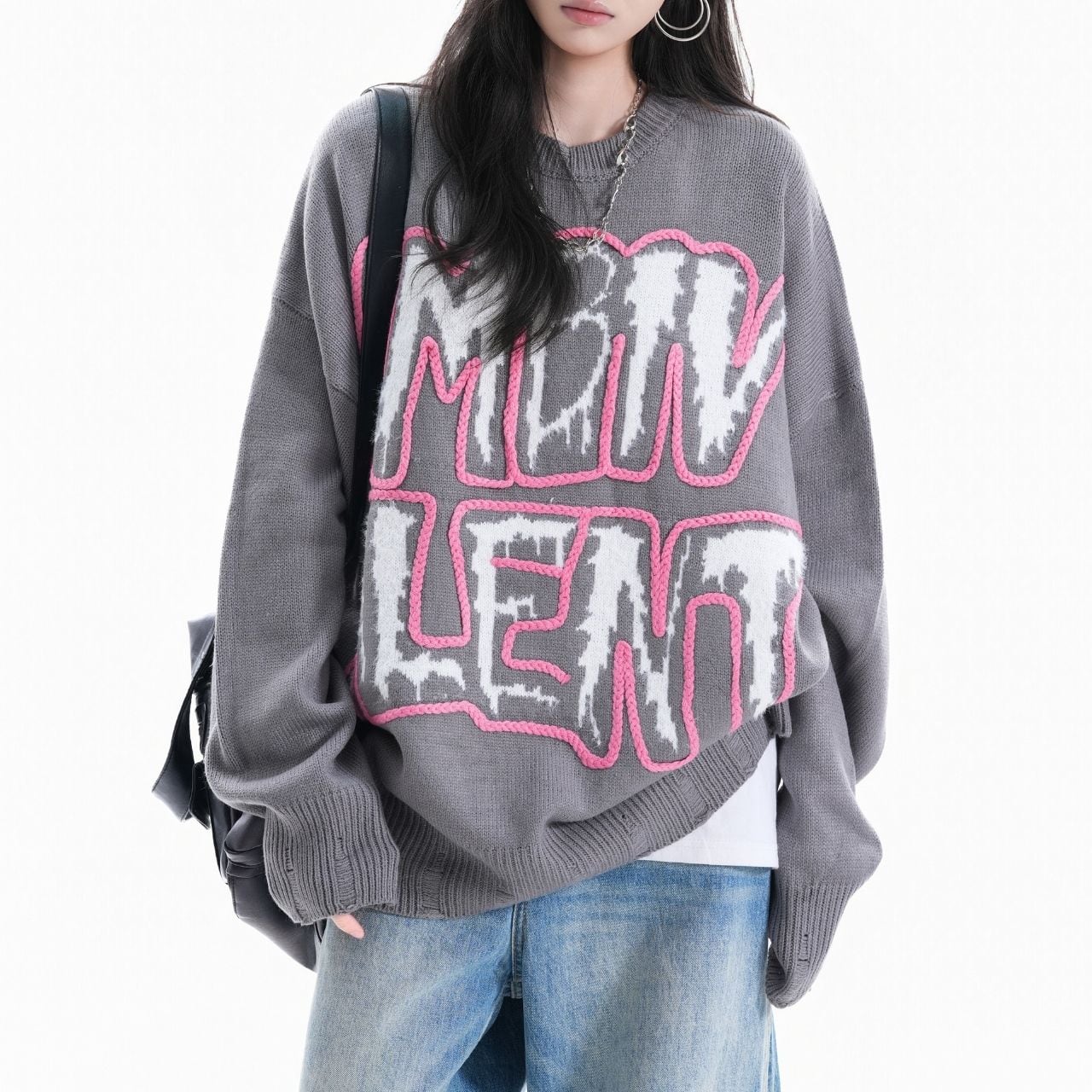 グラフィックアウトラインルーズニットトップス 2col R01326