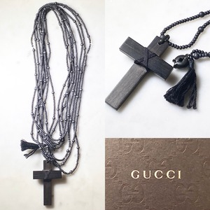 GUCCI wood cross long beads chain necklace