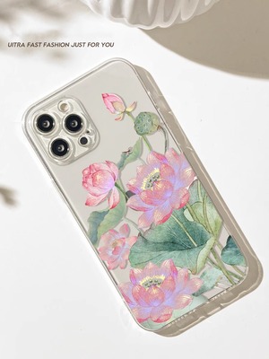 iPhone16 Pro Maxケース ハス 蓮 花 iPhone16 Proケース 和風 絵画 iPhone15保護ケース 軽量 ソフト iPhone14ケース 透明 クリア iPhone13 12 11Pro Maxケース アート かわいい◎