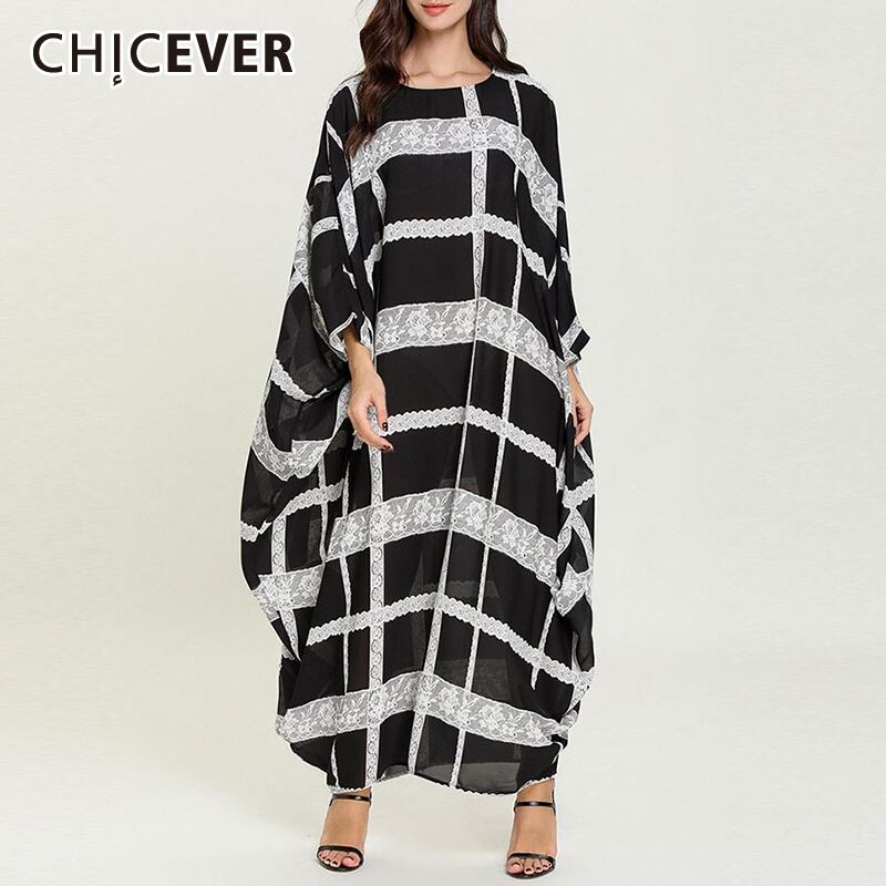 CHICEVERパッチワークレースチェック柄レディースドレスOネックバットウィング長袖オーバーサイズドレス2020春 ロング スプリング 春物 6base575364326724