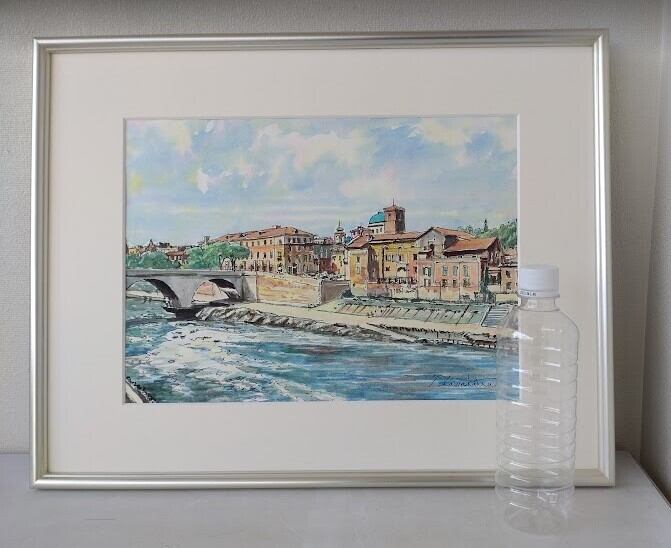 川勝茂弘「 ローマ・テレべ川」（イタリア） 水彩画 額縁外寸53.0x41