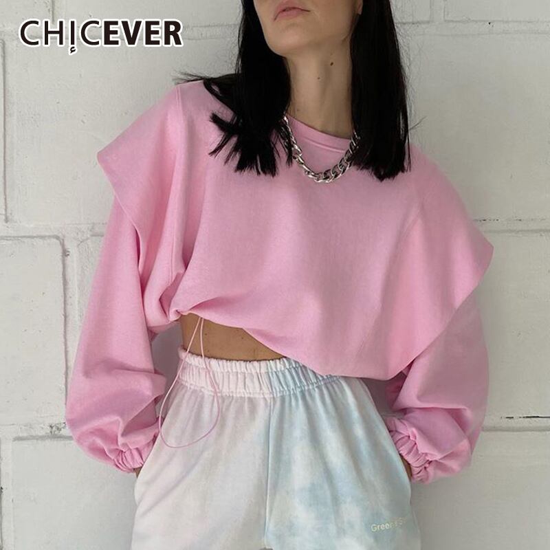 CHICEVERパッチワークTシャツ女性Oネック長袖巾着レースアップシャーリングチュニックルーズTシャツ2020 ロング 6base513354125704