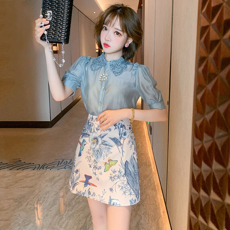 カラーシャツ プリントウェストスカート レッド 刺繍 スプリング 春物 サマー 夏物 MIUCO14061550674