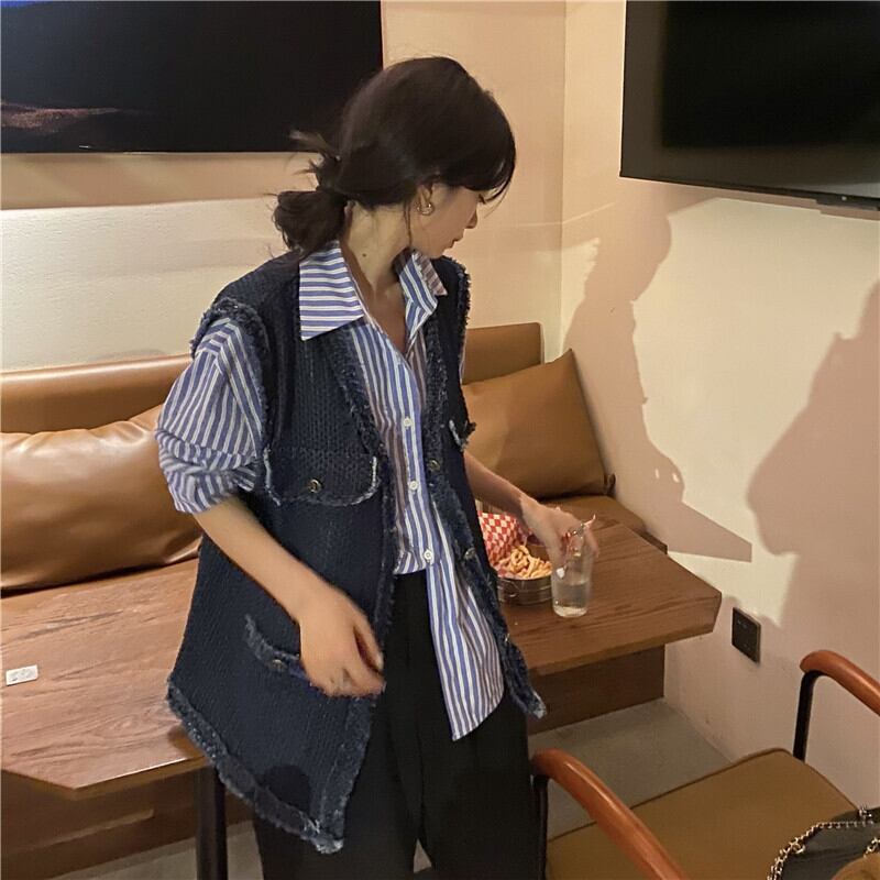 スタンダードオータムルーズVネックノースリーブトップス レトロ 秋物 モンロー70784384382