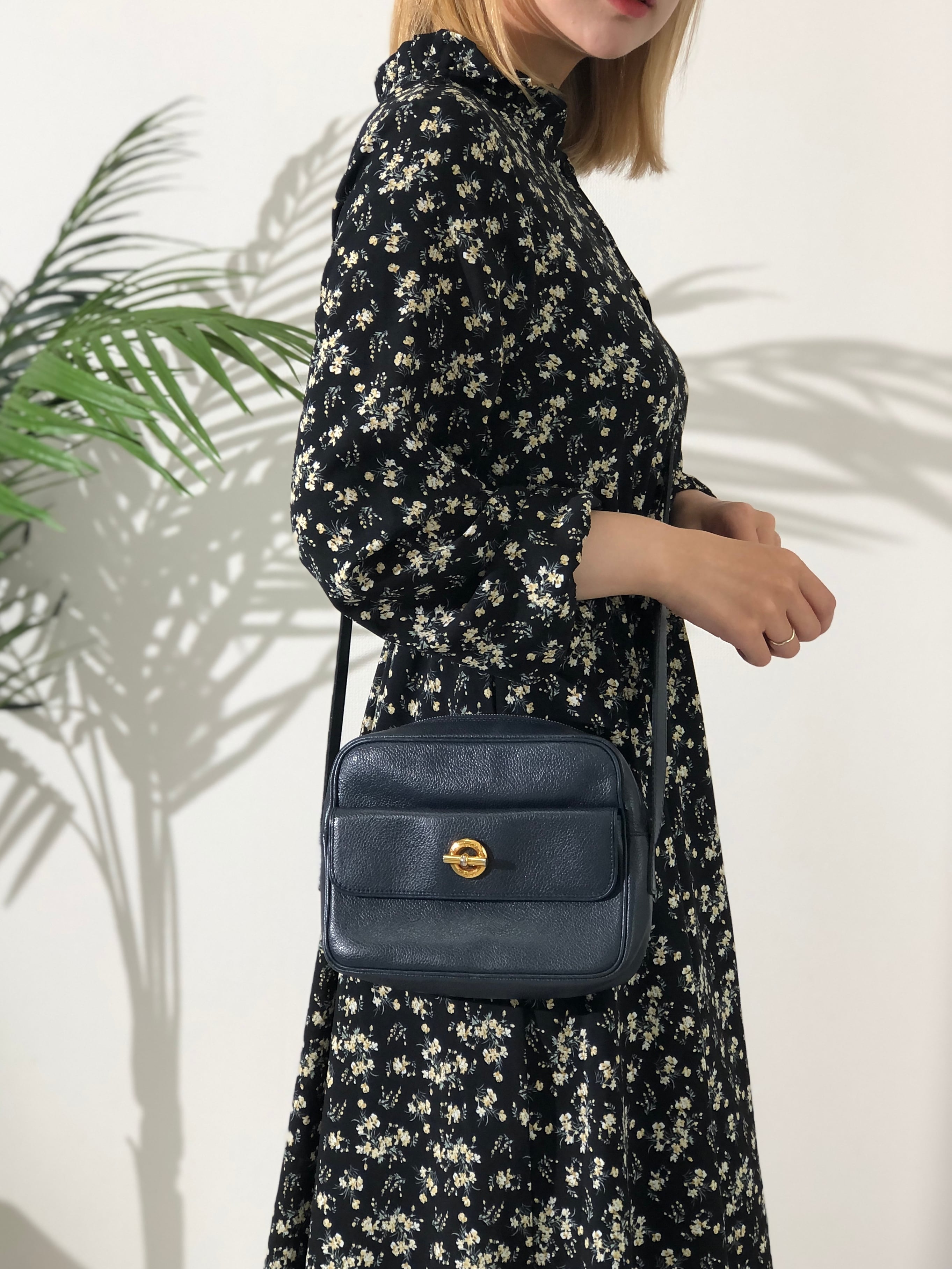 CELINE セリーヌ マンテル レザー ショルダーバッグ ネイビー vintage