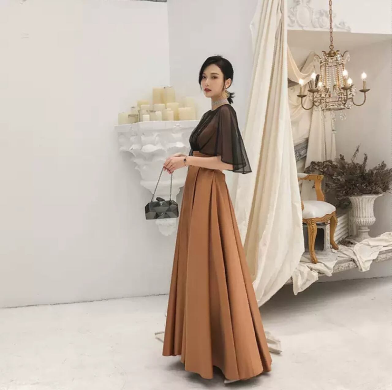 ブラウンドレス レディース 大人優雅 ケープ風 洗練美 ドレス ワンピース 結婚式 披露宴 パーティー 発表会 きれいめ 豪華 シンプル 出かけ お呼ばれ ハイウエスト 五分袖 好感度アップ 売れ筋 清楚 個性 袖あり セレブ シースルー 1984 Sayurio レディースアパレル