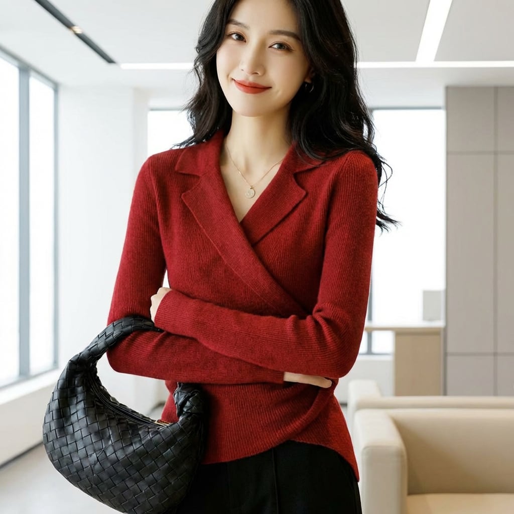 Vネックリブニットロングスリーブセーター(3color) A0974