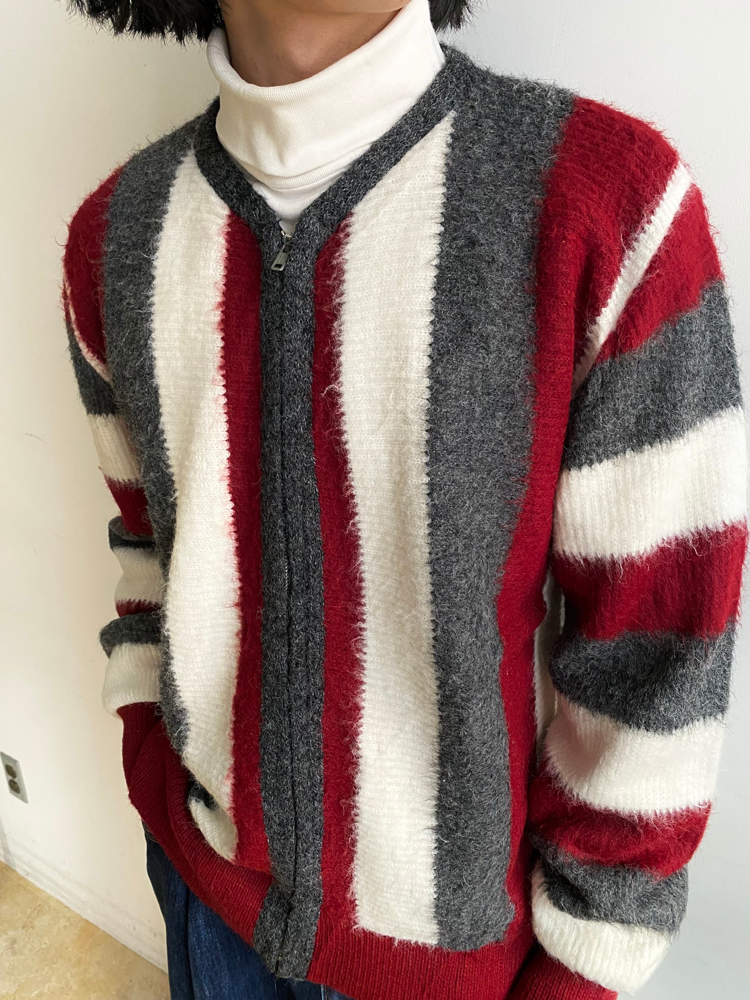 60s BRENT MONTGOMERY WARD SHAGGY KNIT ZIP UP STRIPE CARDIGAN