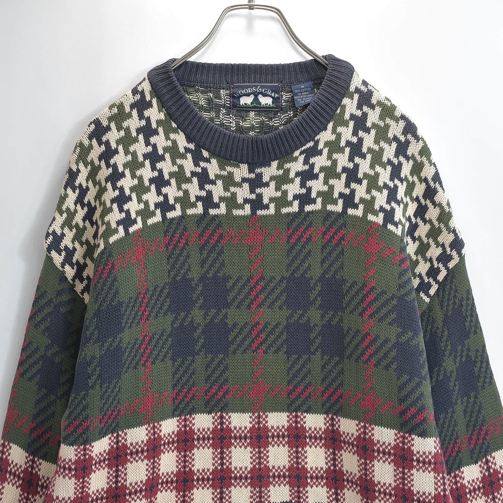 90s WOODS&GRAY ウッズアンドグレイ コットンニット セーター クルーネック マルチパターン ケーブル編み 千鳥格子 チェック柄 ネイビー USED ヴィンテージ ビンテージ 古着 メンズ L相当