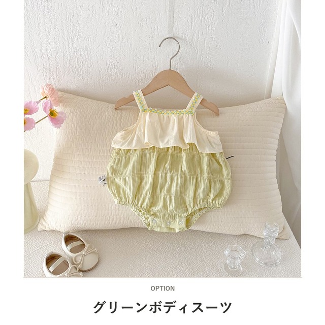 【BABY】フラワー刺繍チェックキャミソールロンパース - 2