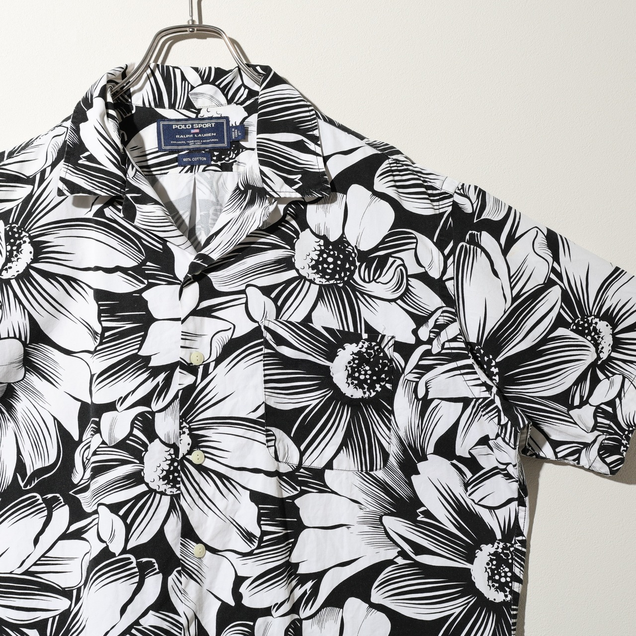 美品 L Polo Sport モノクロ 花柄 ポロスポーツ 半袖開襟シャツ