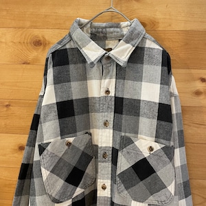 【M.FINE&SONS】ネルシャツ 長袖シャツ フランネル ヘビーネル ブロックチェック柄 白黒灰 XL ビッグシルエットUS古着