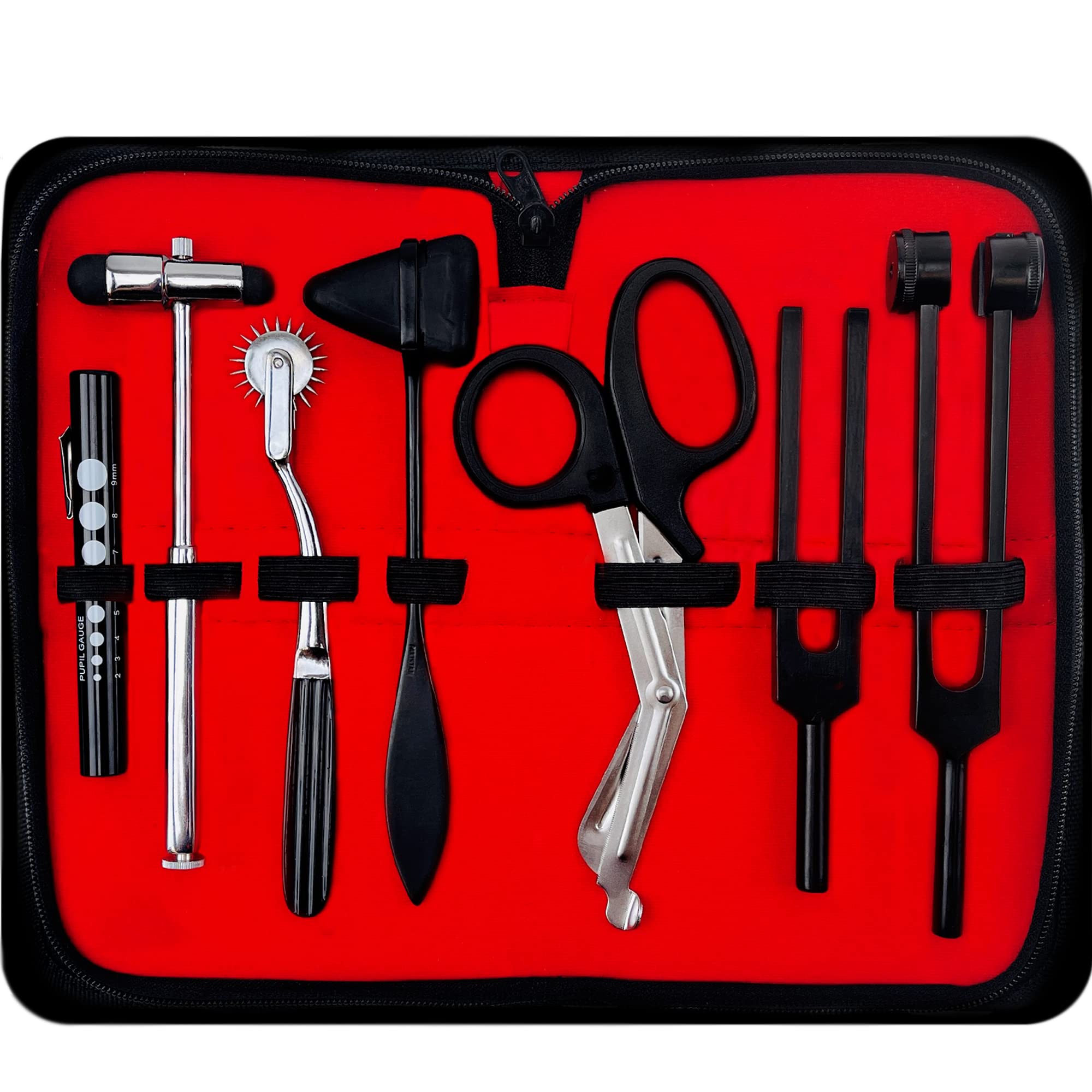 Diagnostics Kit - Percussion Taylor Reflex Hammer C128 & C512 Tuning Forks Bandage Scissors Pupil Gauge Pen Light In Carrying Case - 6 Pieces Set Silver