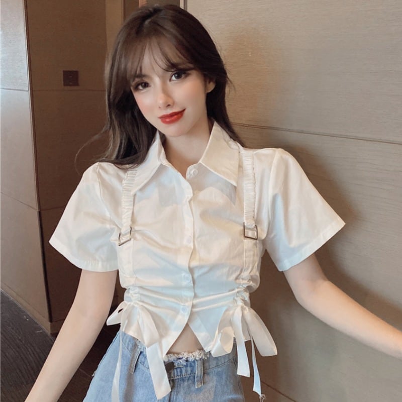 サマースタイルショートソリッド カラーギャザー半袖スリーブシャツ トップス レディース ハーフスリーブ 夏物 ソリッドカラー ハンチェンe13333647676