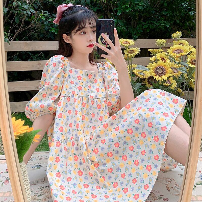 スカート サマースタイルルーズフローラルカラードレス 夏物 花柄 スクウェア 萌量不足2099767995