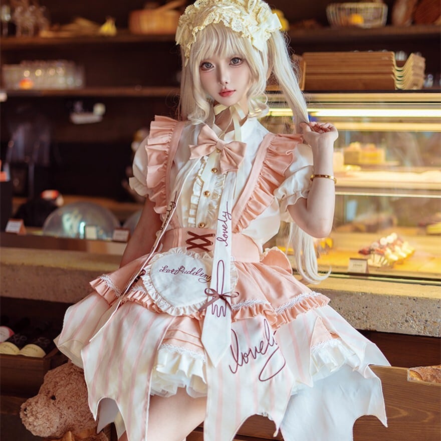 甘ロリ向け半袖フリルブラウス|パフスリーブ×リボンタイ付きカフェコーデトップス