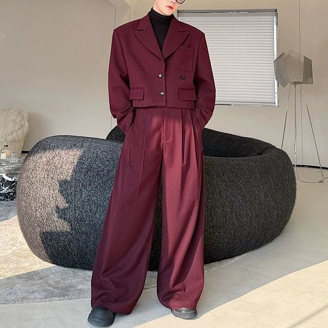 【Men】SHORT VINTAGE SUIT SET WITH RELAXED TROUSERS AND SIMPLE LUXURY DETAILS S-1884