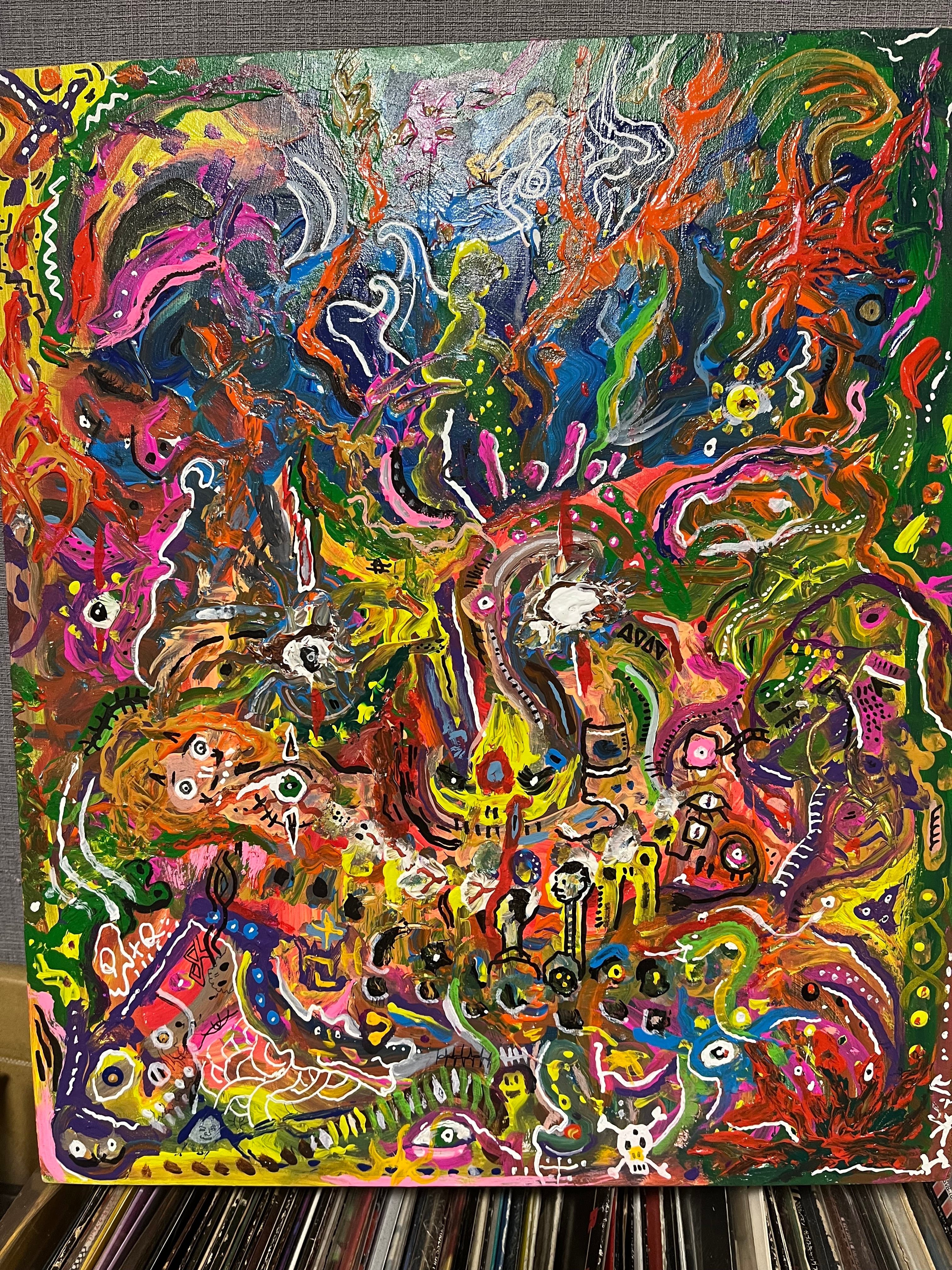 オリジナル　キャンバス　アート　絵画　原画　 F８号　ポップアート 原画 『祝祭と崩壊のあいだ』akaブラボー F8号サイズ 木製パネル