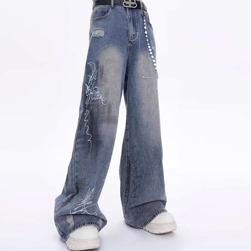 STARTEXCEEDEND落書き風デニムストレートパンツ