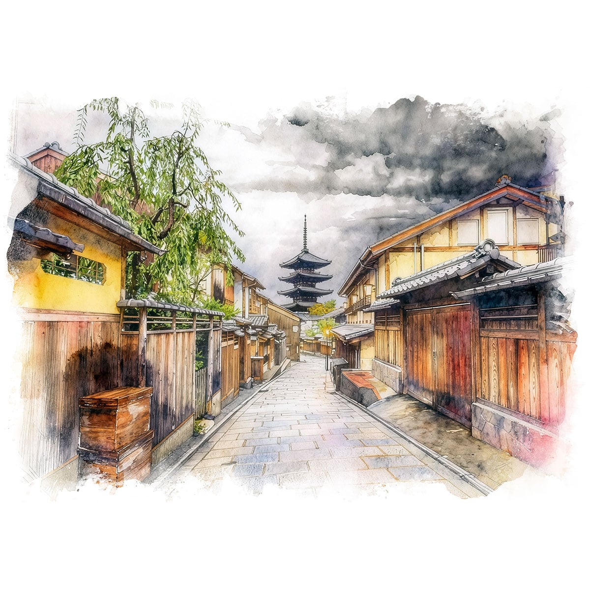 絵画 日本 京都 八坂の塔と三年坂の風景 インテリアアート額付き 水彩画・油絵風 WAT0094