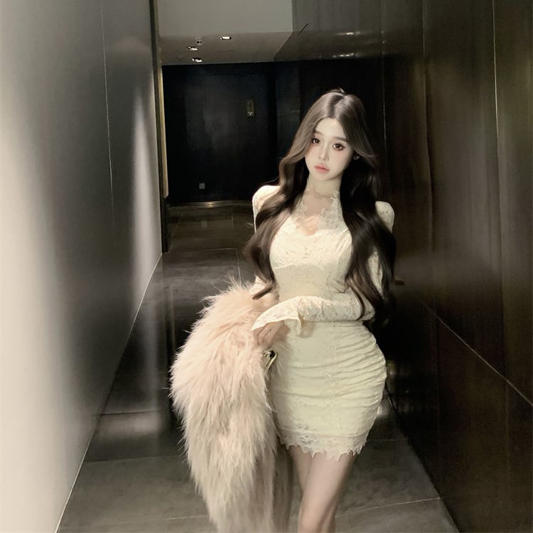 大人セクシー❤️レースタイトトップス　女子会やパーティーに最適 オープンバックチェーン総レースタイトロングドレス セクシー