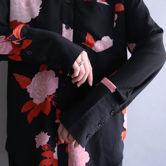 pink rose pattern black mode shirt