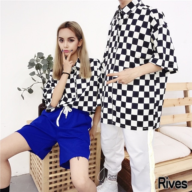 チェッカーフラッグ 半袖チェック柄 おそろコーデ ファッション アパレル 黒白 オシャレ 原宿 Rives リーブス ストリート 韓国 オルチャン Rives カップル Rives